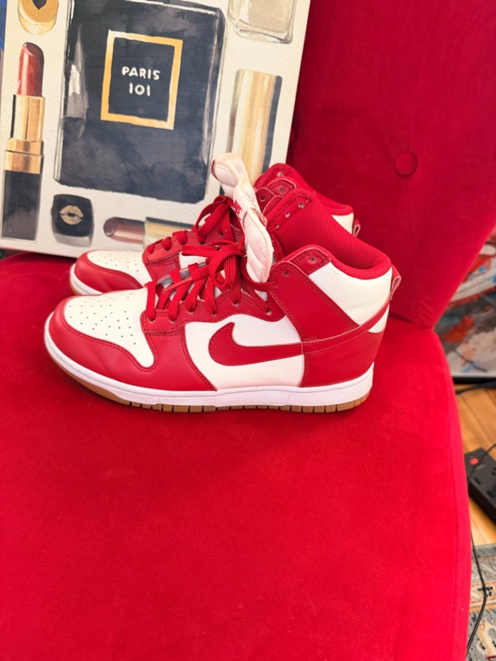 Nike Red and White Dunk Sneakers with Gum Outsole